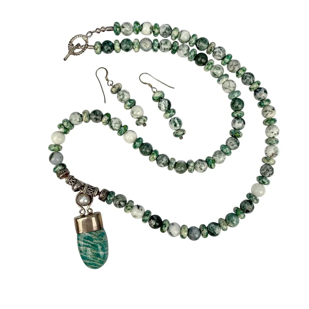 Artisan Sterling 925 Amazonite Pendant Tree Agate Necklace‎ Mother Pearl Set